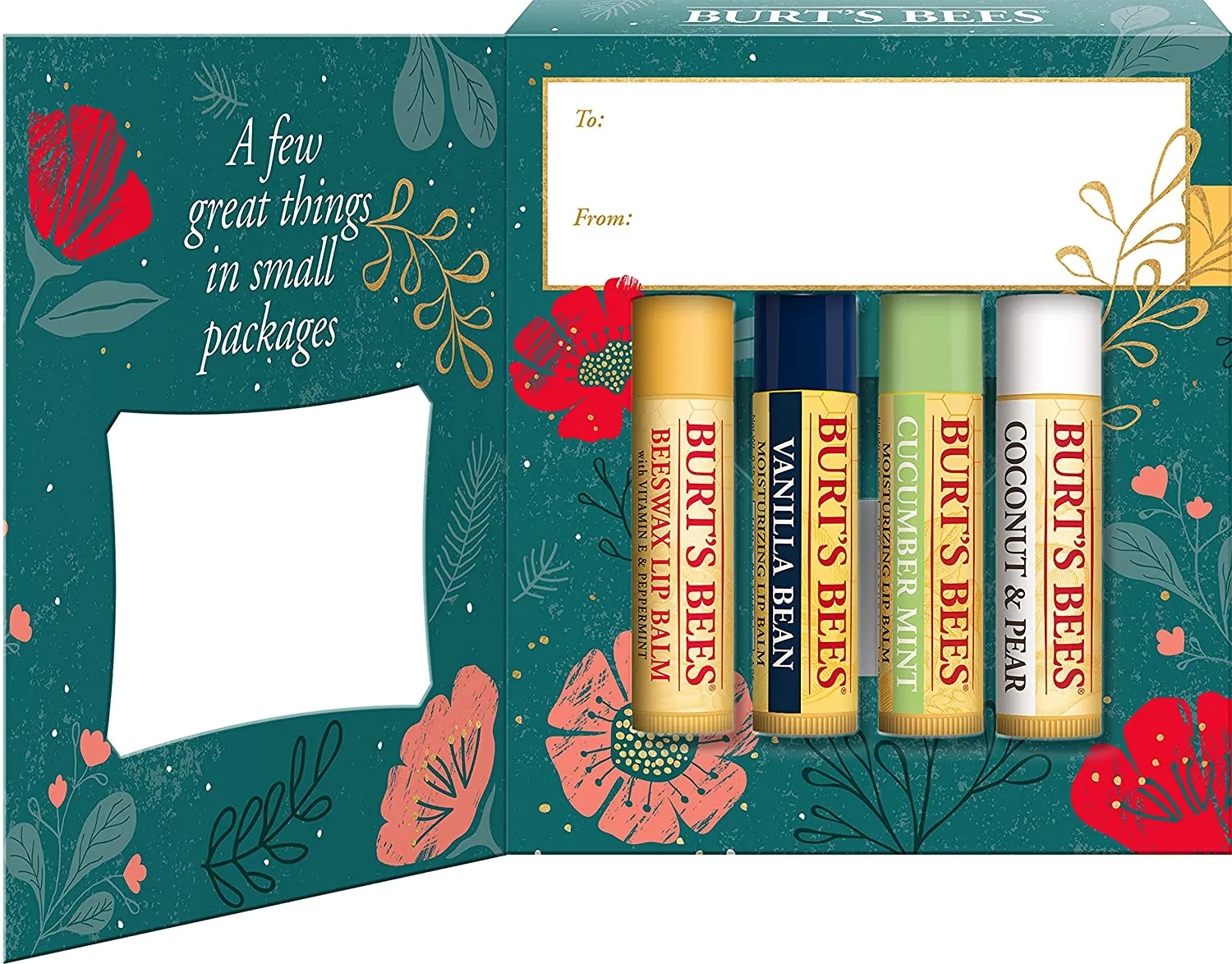 Burt’S Bees Holiday Gift, 4 Lip Balm Stocking Stuffer Products, Beeswax Bounty Assorted Set - Original Beeswax, Vanilla Bean, Cucumber Mint & Coconut Pear (New Verison)