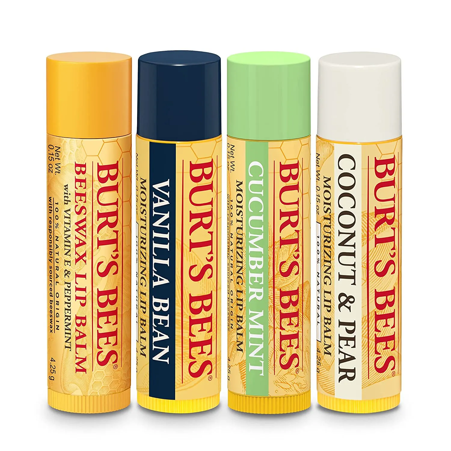 Burt’S Bees Holiday Gift, 4 Lip Balm Stocking Stuffer Products, Beeswax Bounty Assorted Set - Original Beeswax, Vanilla Bean, Cucumber Mint & Coconut Pear (New Verison)