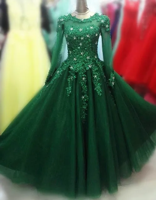 Illusion Lace Long Sleeve Quinceañera Beaded Crystal Princess Ball Gown