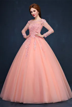 Illusion Lace Long Sleeve Quinceañera Beaded Crystal Princess Ball Gown