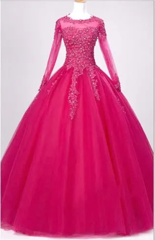 Illusion Lace Long Sleeve Quinceañera Beaded Crystal Princess Ball Gown