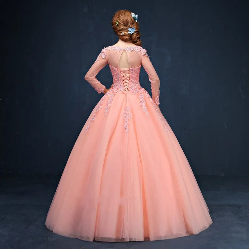 Illusion Lace Long Sleeve Quinceañera Beaded Crystal Princess Ball Gown