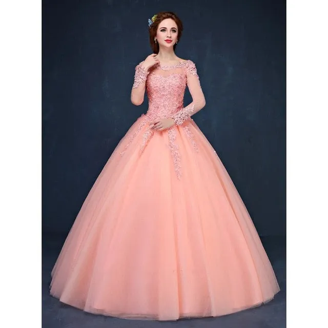 Illusion Lace Long Sleeve Quinceañera Beaded Crystal Princess Ball Gown