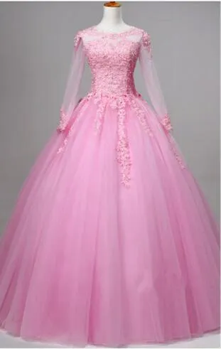 Illusion Lace Long Sleeve Quinceañera Beaded Crystal Princess Ball Gown