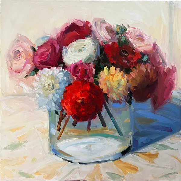 Ranunculus, Dahlias, Roses, Zinnias