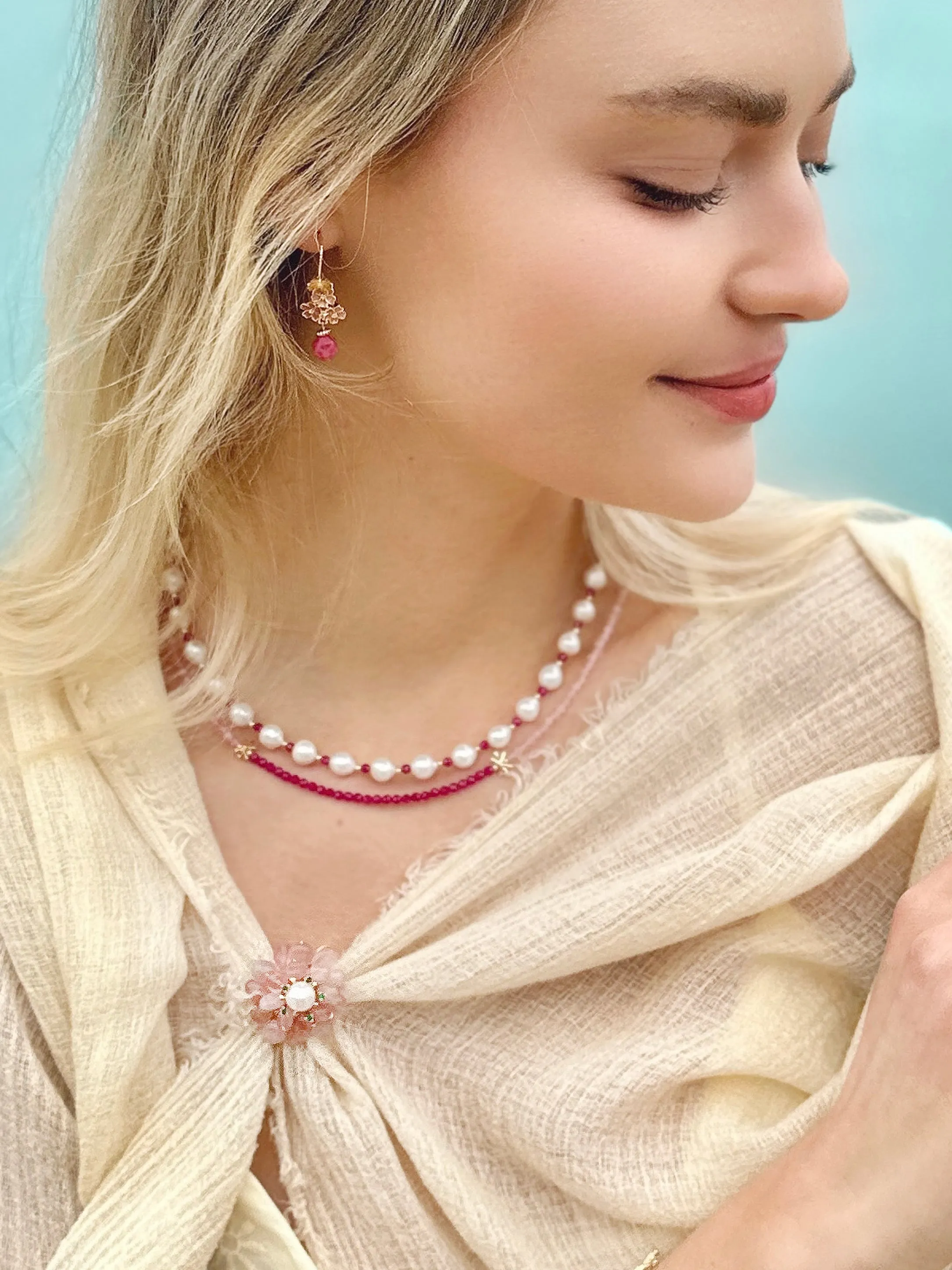 Red Ruby And Pink Opal Color Matching Necklace LN001