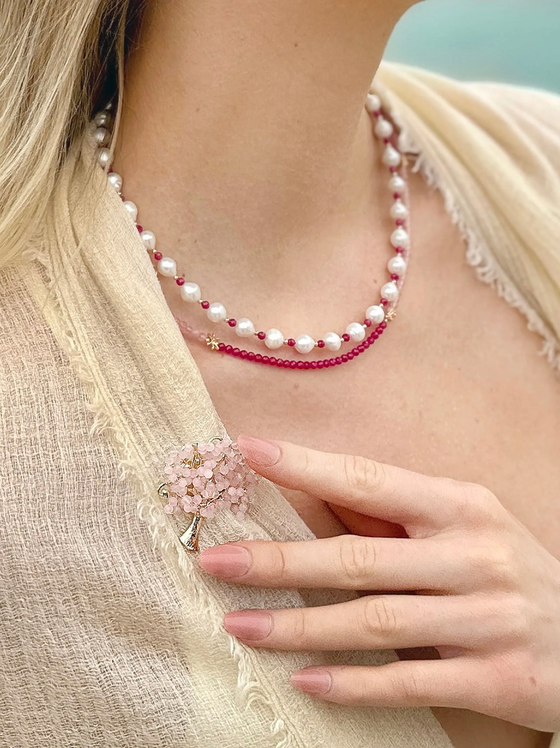 Red Ruby And Pink Opal Color Matching Necklace LN001